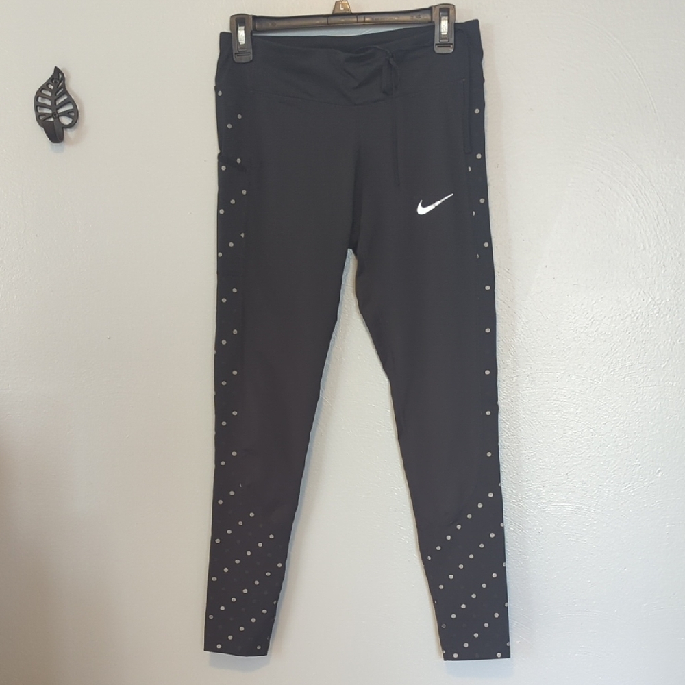 Nike Black Leggings with White Swoosh and Silver Reflective Polkadots Medium M